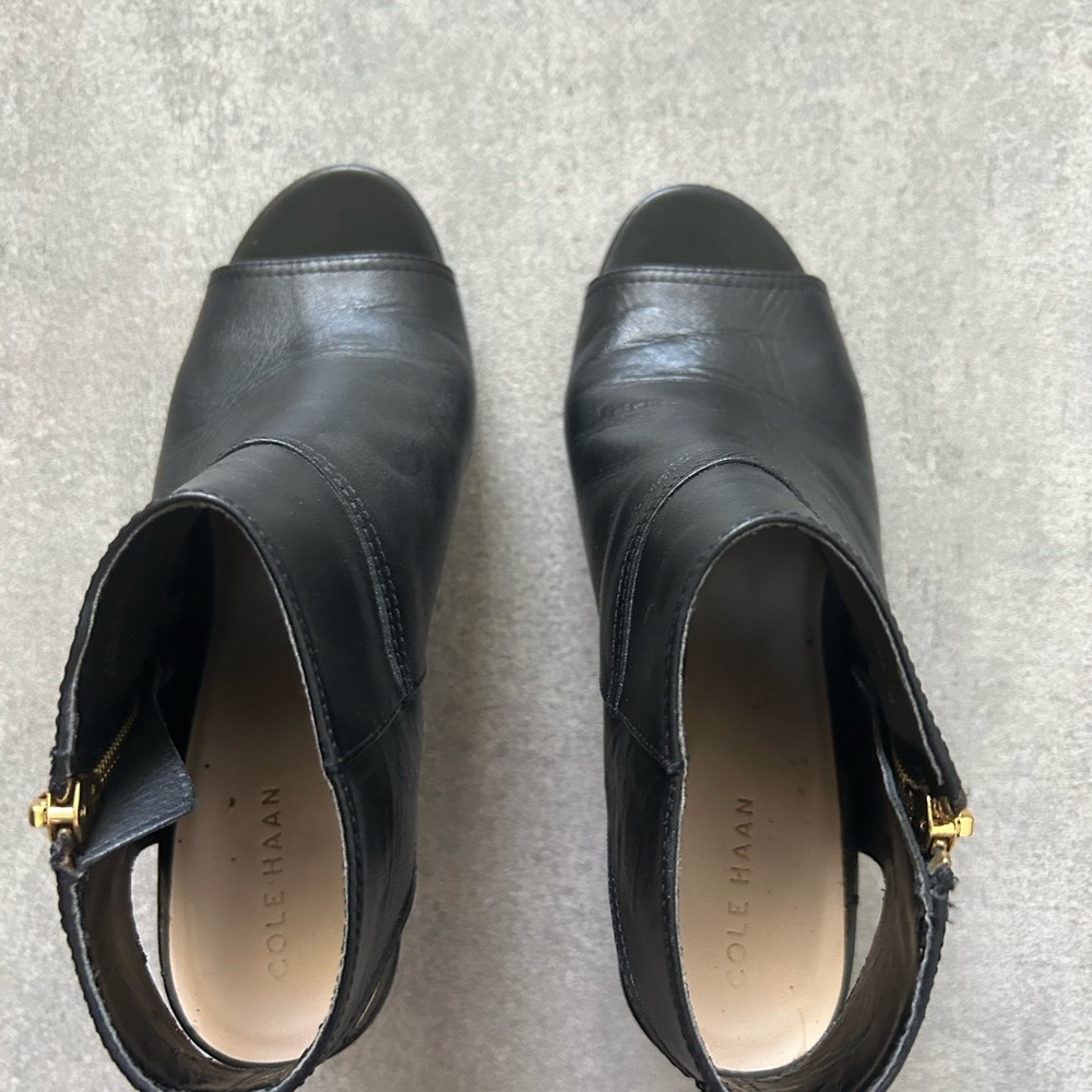 Cole Haan Black Leather Open Toe Ankle Boots - Picture 2 of 6